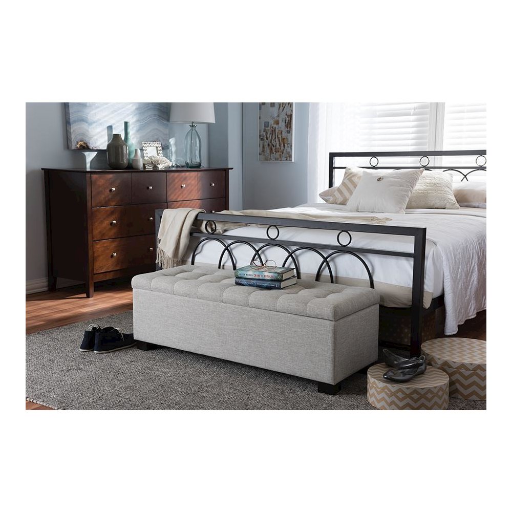 Beige Fabric Upholstered Grid-Tufting Storage Ottoman Bench. Picture 21