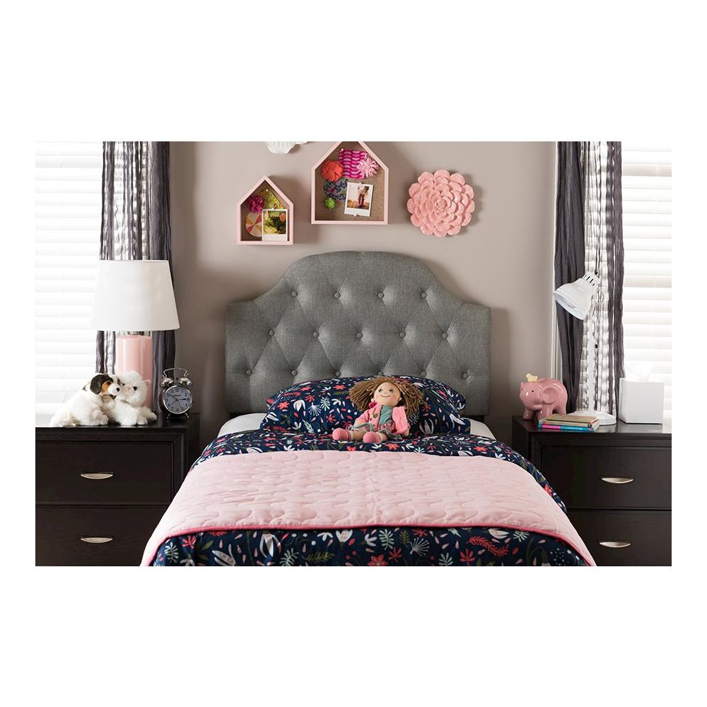 Grey Fabric Upholstered Button-Tufted Scalloped Twin Size Headboard. Picture 9