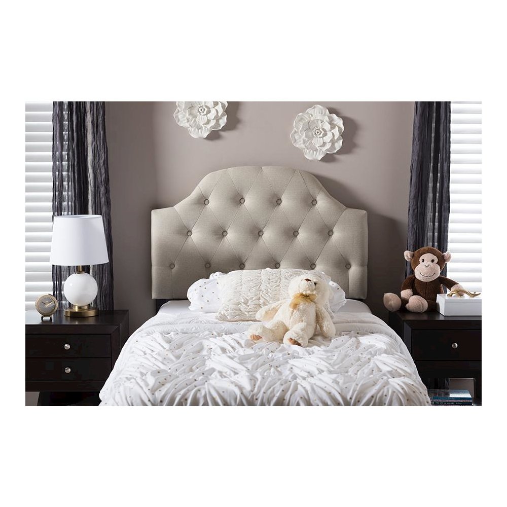 Light Beige Fabric Upholstered Button-Tufted Scalloped Twin Size Headboard. Picture 9