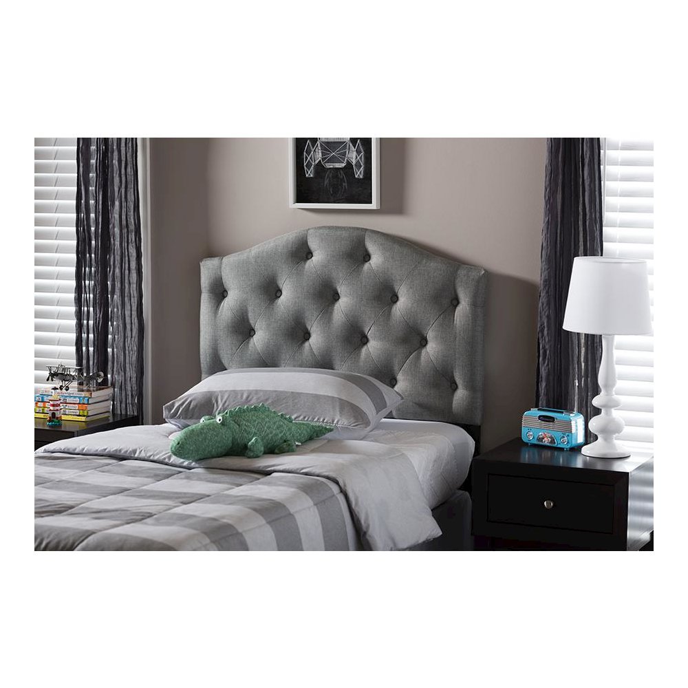 Grey Fabric Upholstered Button-Tufted Scalloped Twin Size Headboard. Picture 9