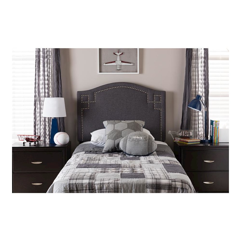 Aubrey Modern and Contemporary Dark Grey Fabric Upholstered Twin Size Headboard. Picture 9
