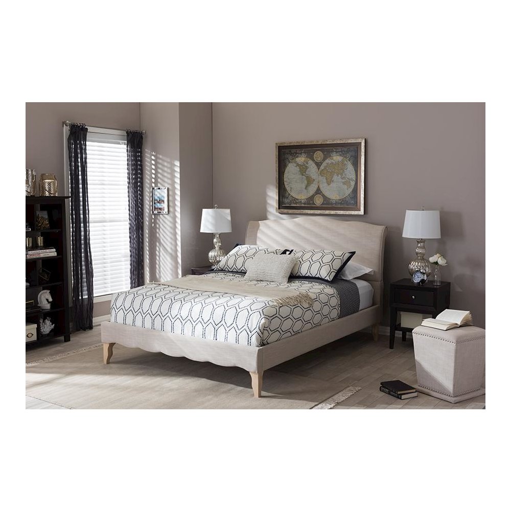 Fannie French Classic Modern Style Beige Linen Fabric King Size Platform Bed. Picture 11