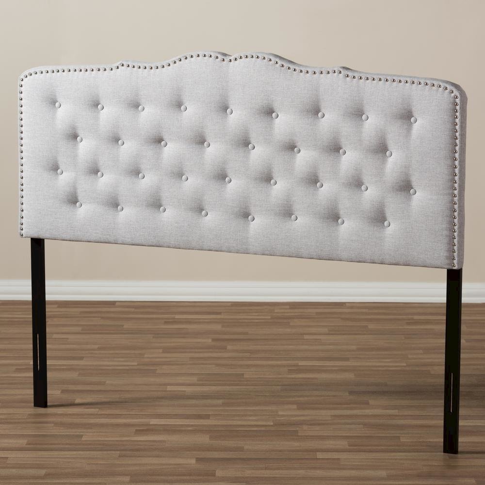 Lucy Modern and Contemporary Greyish Beige Fabric Queen Size Headboard. Picture 11