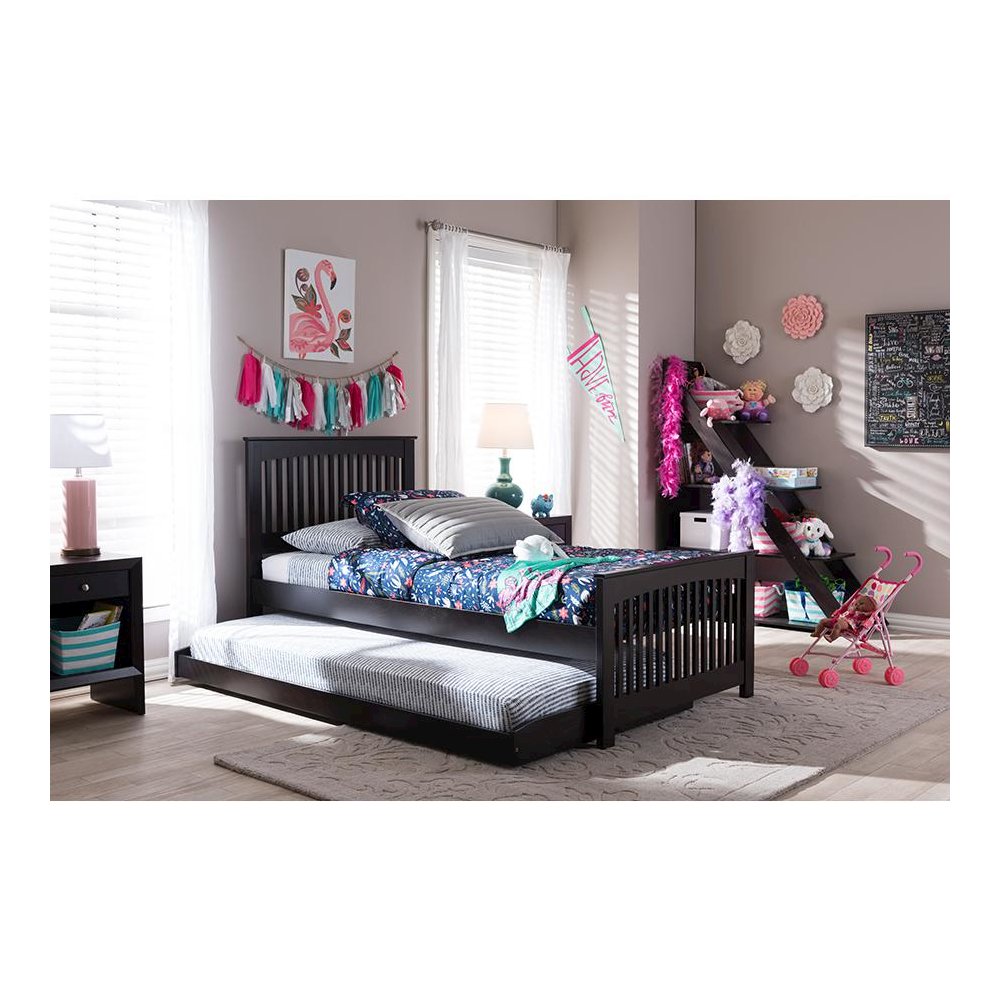 Hevea Twin Size Dark Brown Solid Wood Platform Bed with Guest Trundle Bed. Picture 13