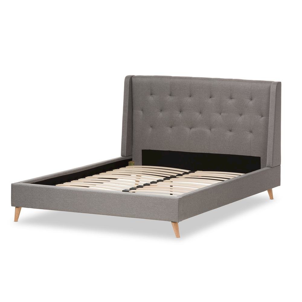 Adelaide Retro Modern Light Grey Fabric Upholstered King Size Platform Bed. Picture 11