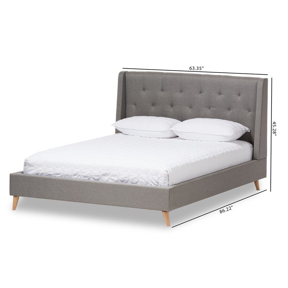 Adelaide Retro Modern Light Grey Fabric Upholstered King Size Platform Bed. Picture 16