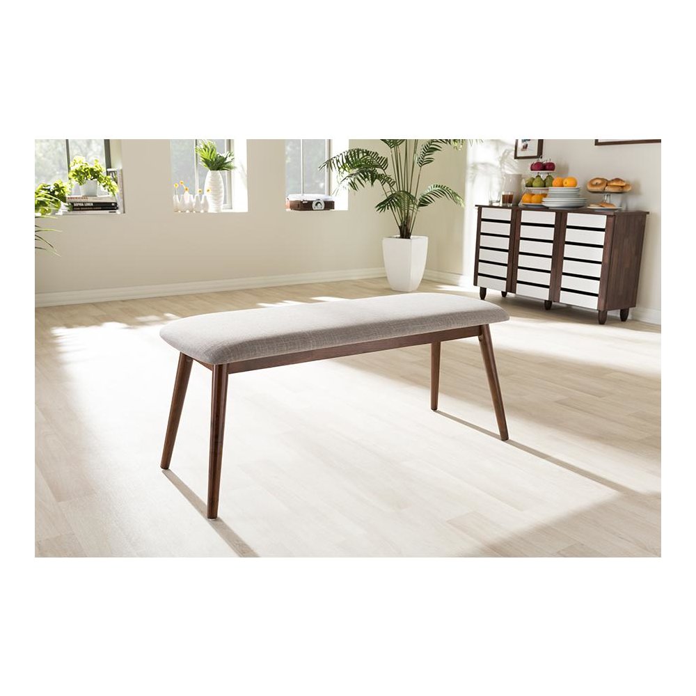 Modern Light Grey Fabric and "Oak" Medium Brown Finishing Wood Dining Bench. Picture 11