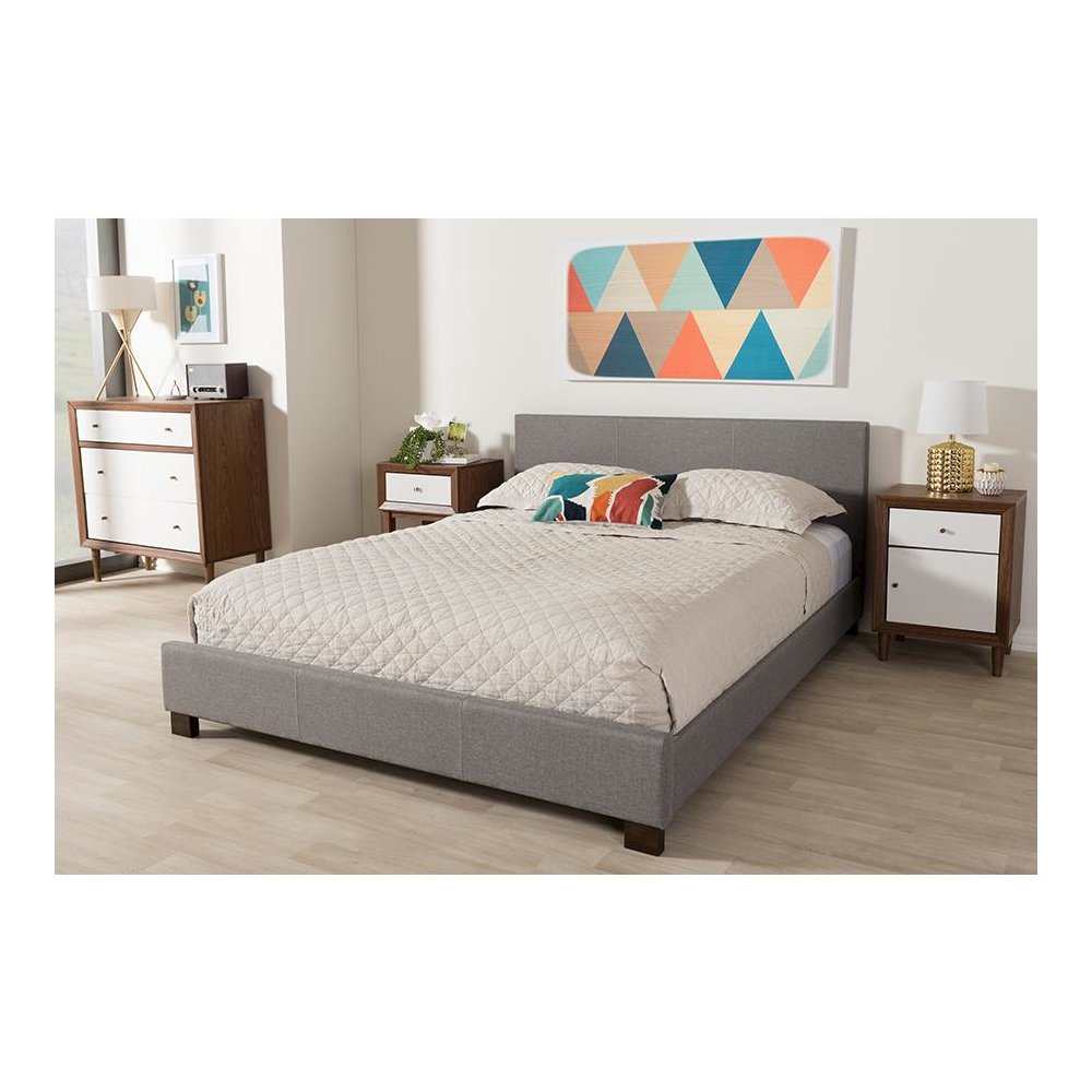 Grey Fabric Upholstered Panel-Stitched Queen Size Platform Bed. Picture 5