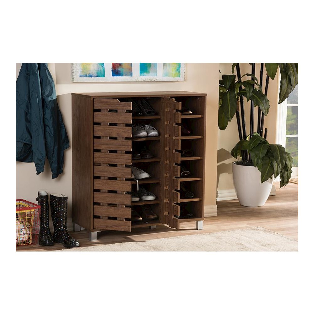 "Walnut" Medium Brown Wood 2-Door Shoe Cabinet with Open Shelves. Picture 13