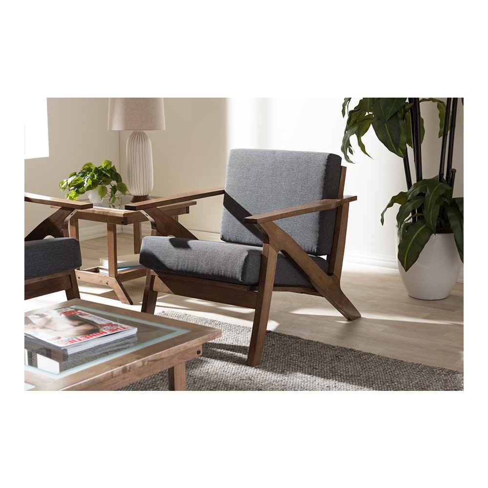 Grey Fabric and "Walnut" Brown Wood Living Room 1-Seater Lounge Chair. Picture 13
