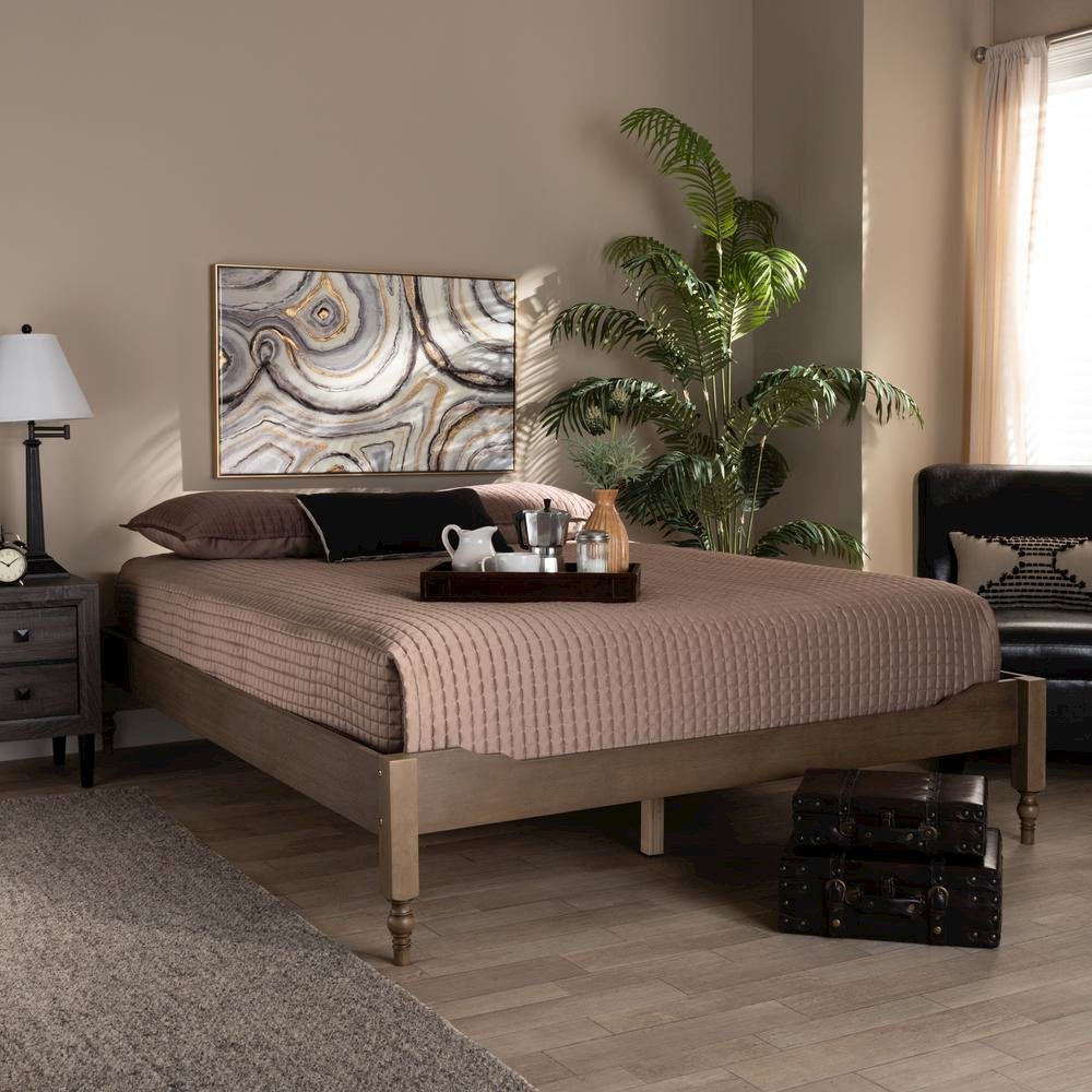 Bohemian Weathered Grey Oak Finished Wood Queen Size Platform Bed Frame. Picture 14