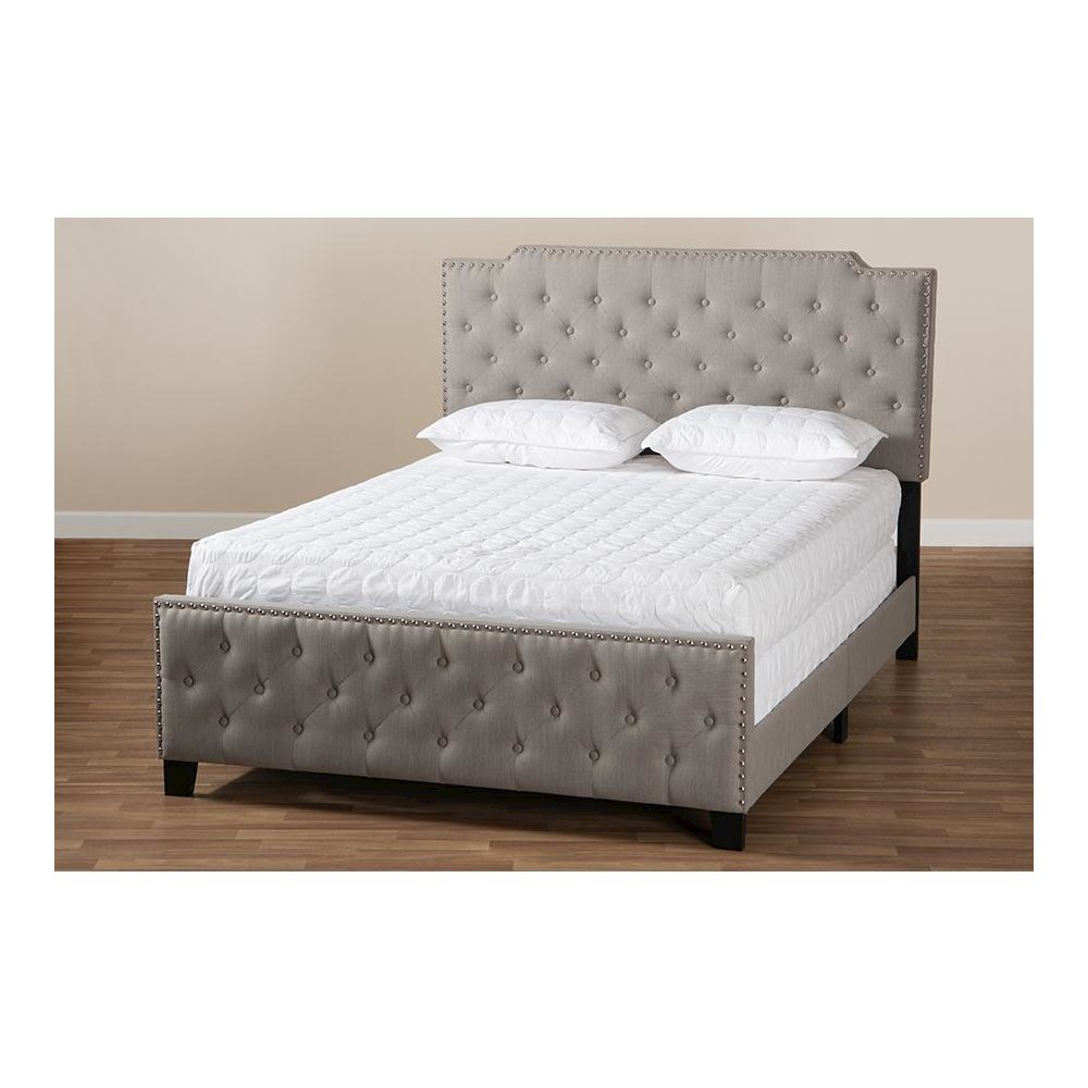 Transitional Grey Fabric Upholstered Button Tufted King Size Panel Bed. Picture 7