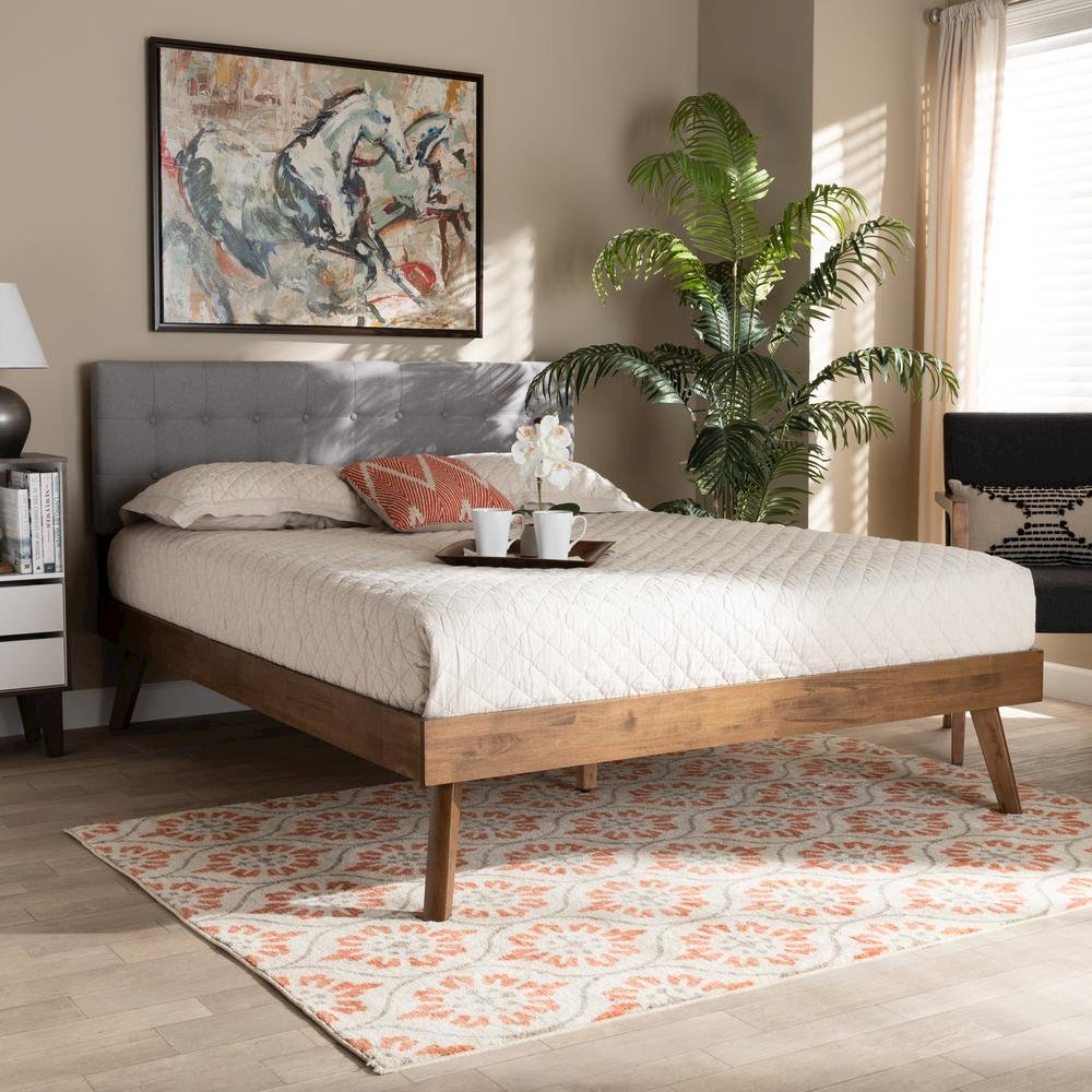 Light Grey Fabric Upholstered Walnut Brown Finished Wood Queen Size Platform Bed. Picture 16