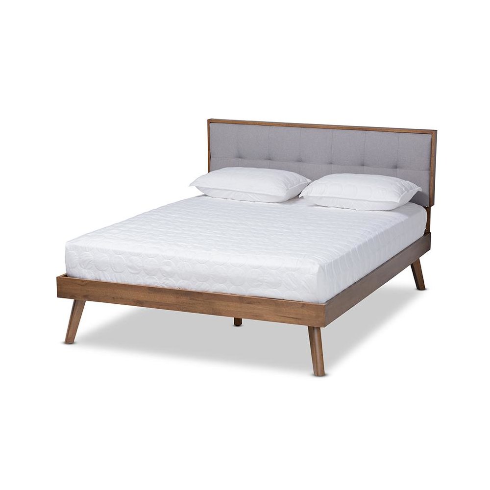 Light Grey Fabric Upholstered Walnut Brown Finished Wood King Size Platform Bed. Picture 1