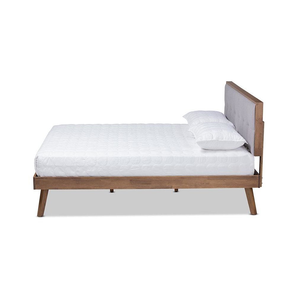 Light Grey Fabric Upholstered Walnut Brown Finished Wood King Size Platform Bed. Picture 2