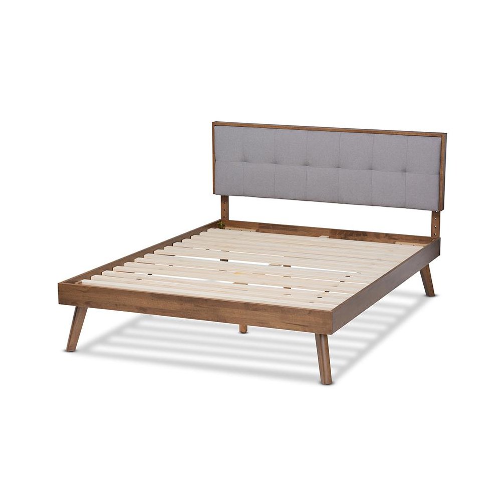 Light Grey Fabric Upholstered Walnut Brown Finished Wood King Size Platform Bed. Picture 3