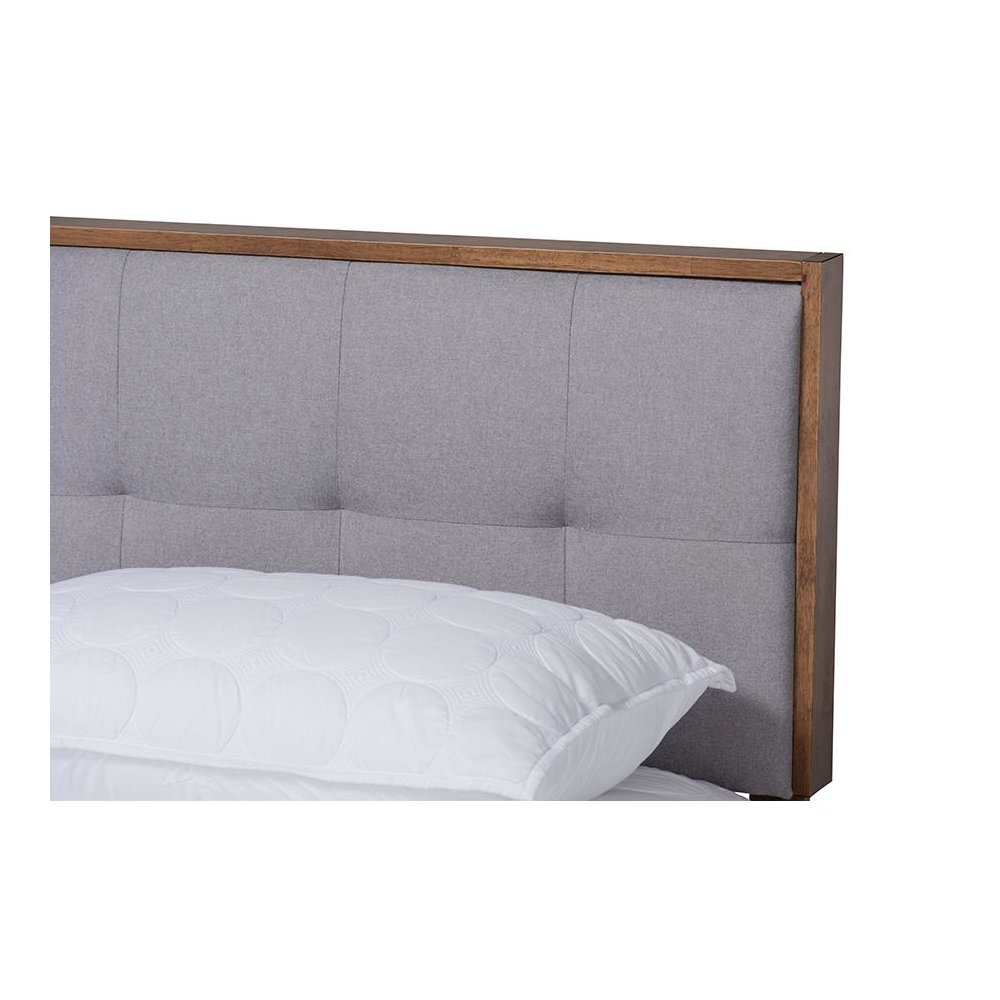 Light Grey Fabric Upholstered Walnut Brown Finished Wood King Size Platform Bed. Picture 4