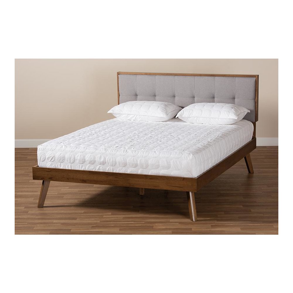 Light Grey Fabric Upholstered Walnut Brown Finished Wood King Size Platform Bed. Picture 7