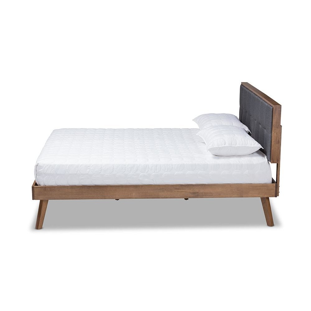 Dark Grey Fabric Upholstered Walnut Brown Finished Wood King Size Platform Bed. Picture 2