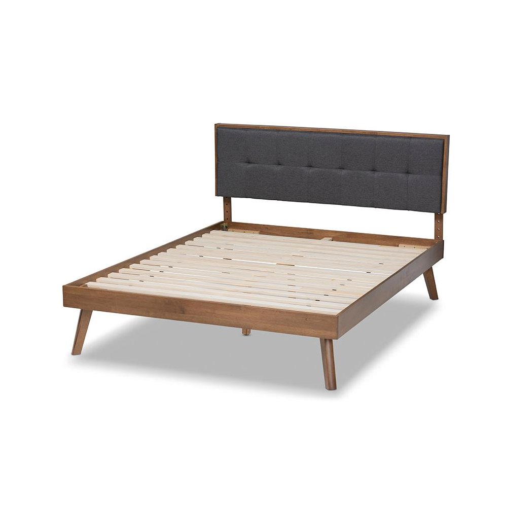 Dark Grey Fabric Upholstered Walnut Brown Finished Wood King Size Platform Bed. Picture 3