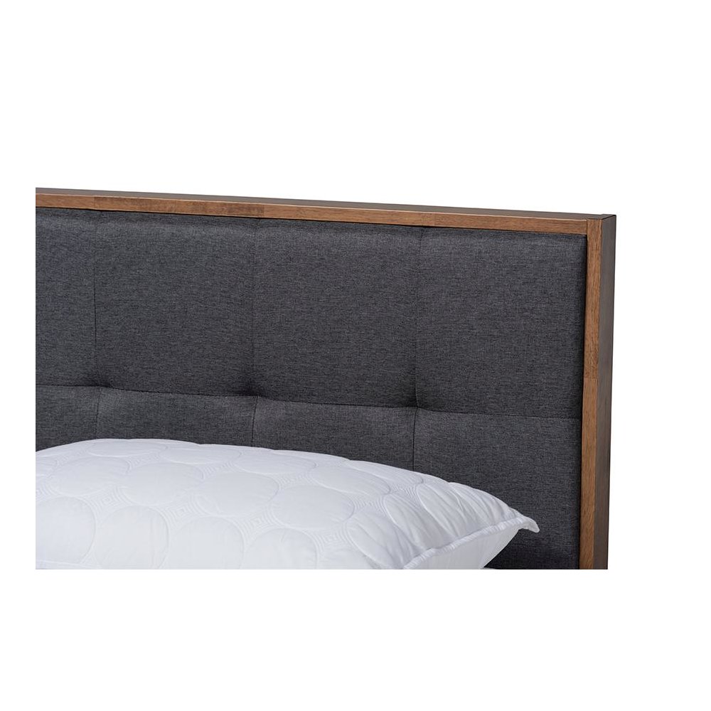Dark Grey Fabric Upholstered Walnut Brown Finished Wood King Size Platform Bed. Picture 4