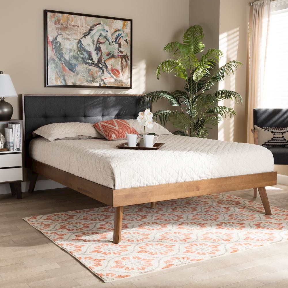 Dark Grey Fabric Upholstered Walnut Brown Finished Wood Queen Size Platform Bed. Picture 16