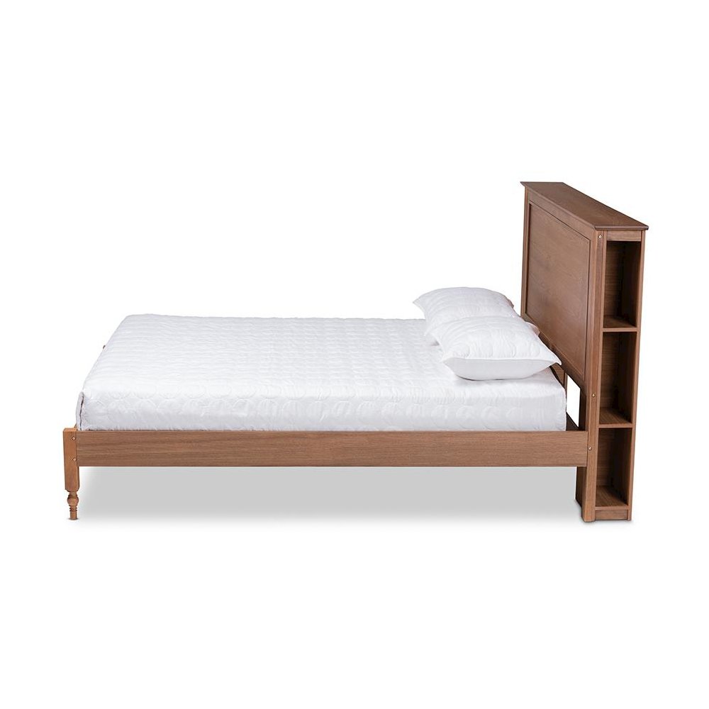 Walnut Brown Finished Wood King Size Platform Storage Bed with Built-In Shelves. Picture 2