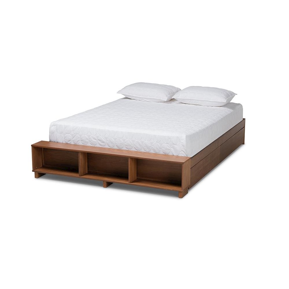 Walnut Brown Finished Wood King Size Platform Bed with Built-In Shelves. Picture 1