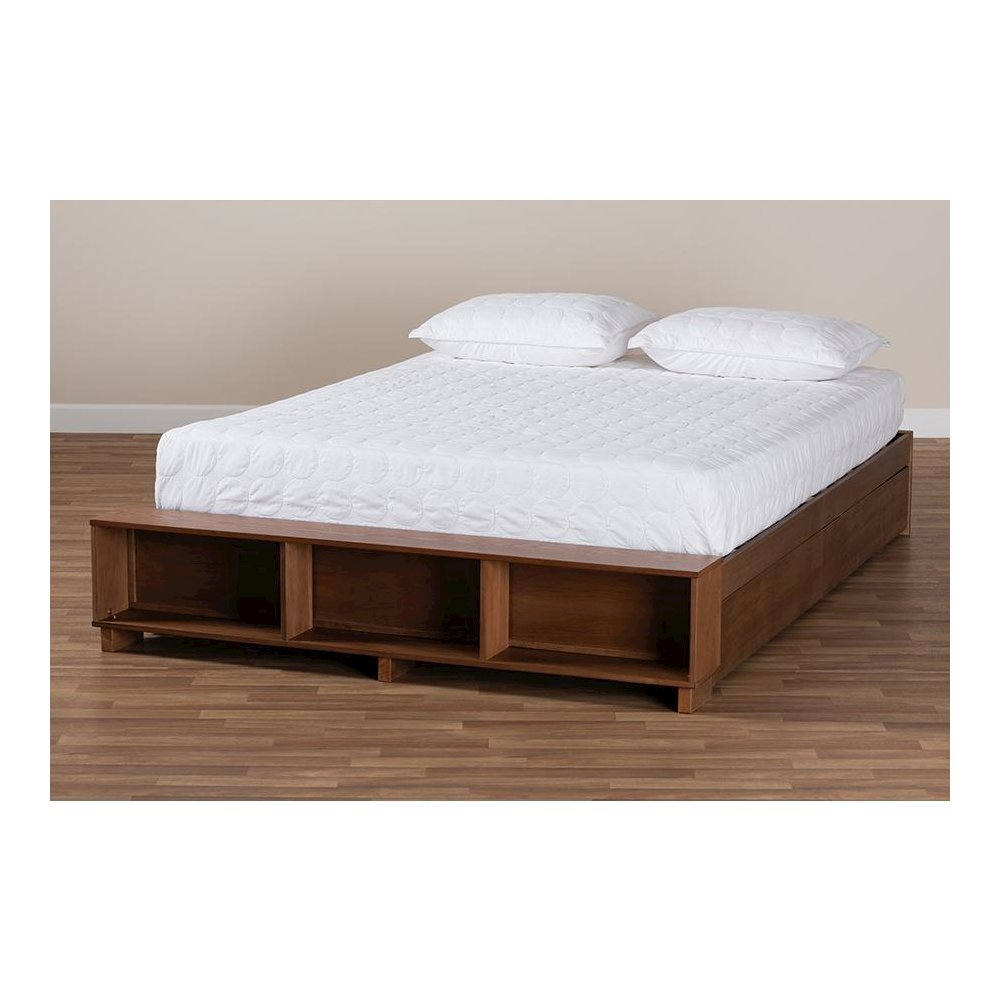 Walnut Brown Finished Wood King Size Platform Bed with Built-In Shelves. Picture 10