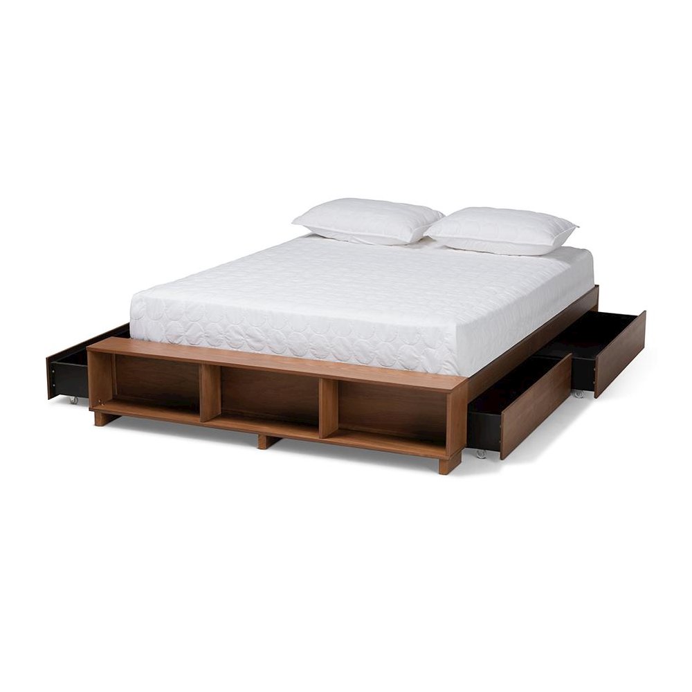 Walnut Brown Finished Wood King Size Platform Bed with Built-In Shelves. Picture 2
