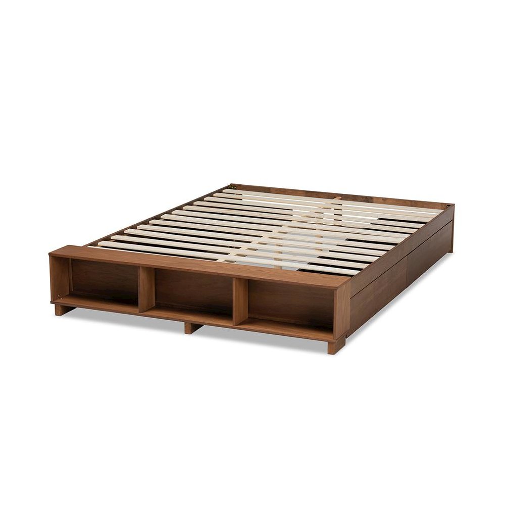 Walnut Brown Finished Wood King Size Platform Bed with Built-In Shelves. Picture 4