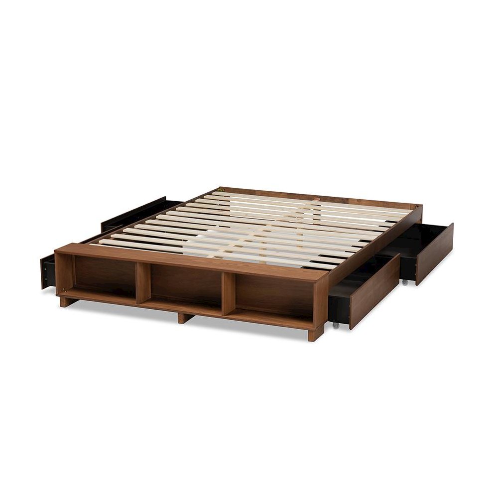 Walnut Brown Finished Wood King Size Platform Bed with Built-In Shelves. Picture 5