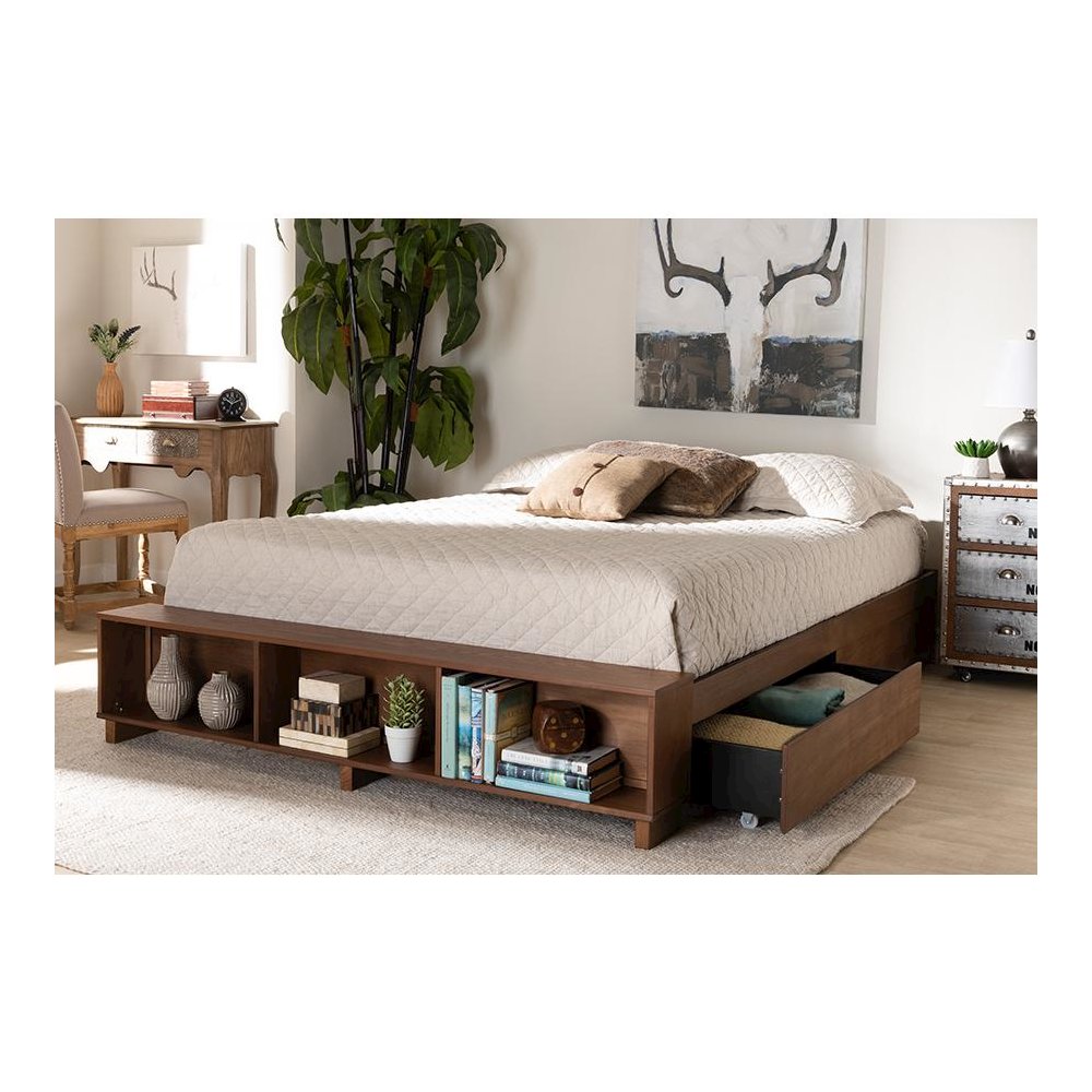 Walnut Brown Finished Wood King Size Platform Bed with Built-In Shelves. Picture 9