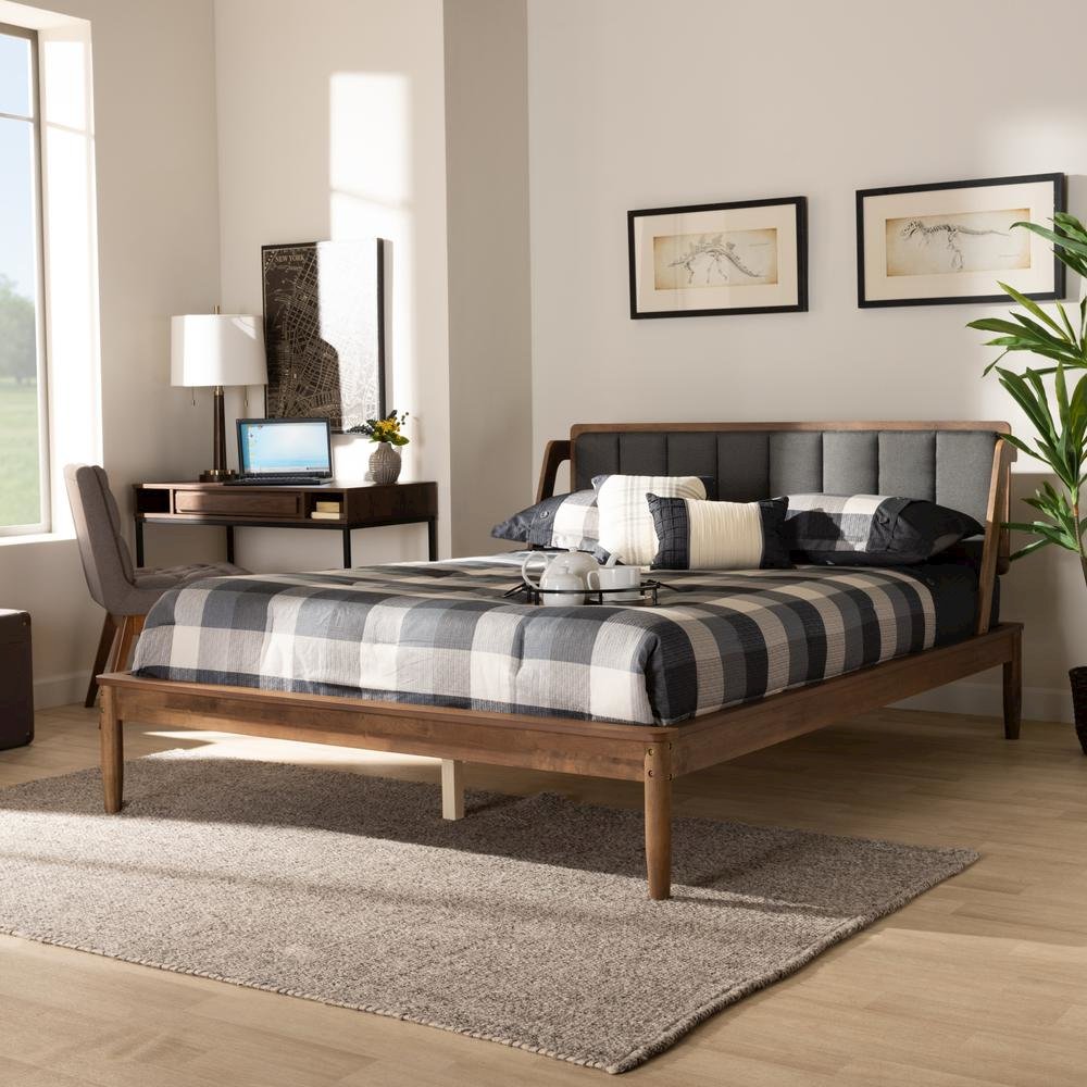 Dark Grey Fabric Upholstered and Walnut Finished Queen Size Platform Bed. Picture 16