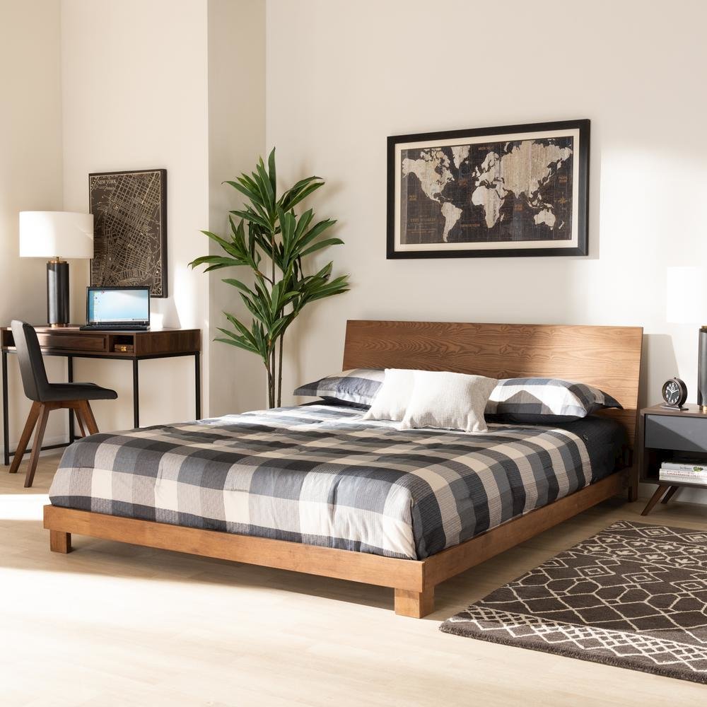 Walnut Brown Finished Wood Queen Size Platform Bed. Picture 16