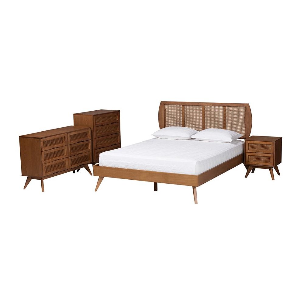 Modern Walnut Brown Finished Wood and Woven Rattan King Size 4-Piece Bedroom Set. Picture 1