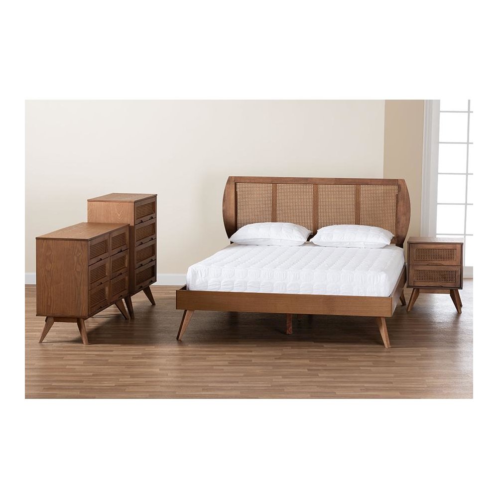 Modern Walnut Brown Finished Wood and Woven Rattan King Size 4-Piece Bedroom Set. Picture 13