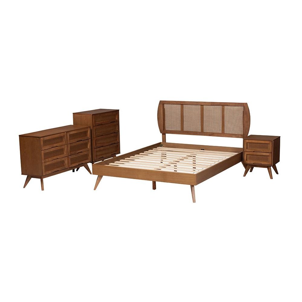 Modern Walnut Brown Finished Wood and Woven Rattan King Size 4-Piece Bedroom Set. Picture 2