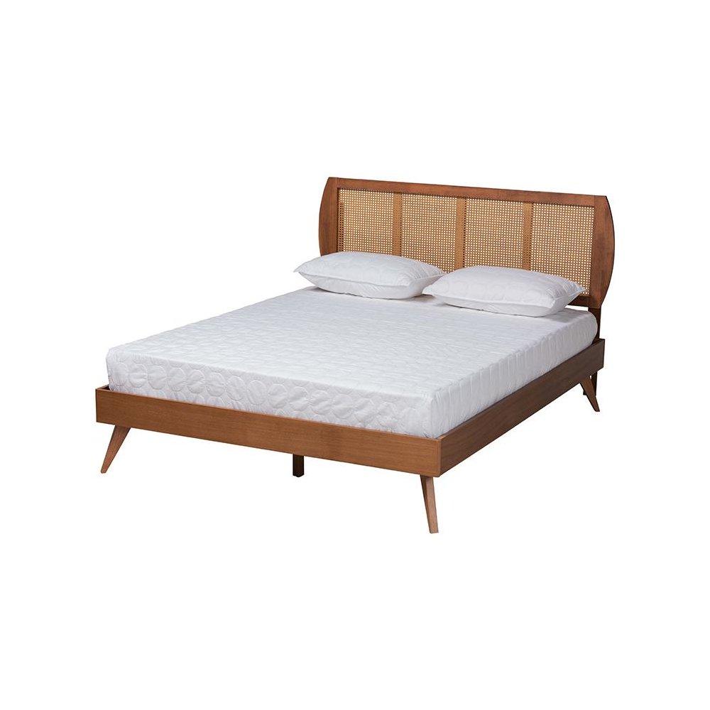 Modern Walnut Brown Finished Wood and Woven Rattan King Size 4-Piece Bedroom Set. Picture 3