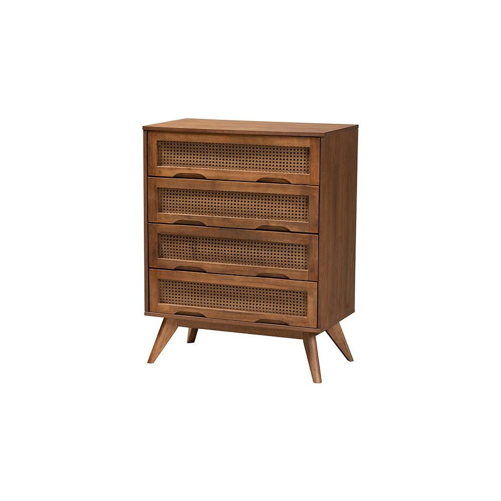 Modern Walnut Brown Finished Wood and Woven Rattan King Size 4-Piece Bedroom Set. Picture 5