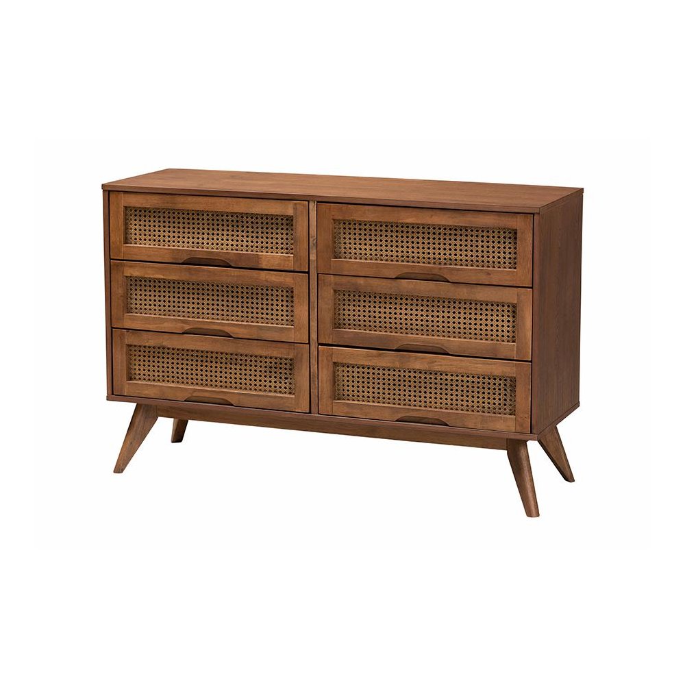 Modern Walnut Brown Finished Wood and Woven Rattan King Size 4-Piece Bedroom Set. Picture 6