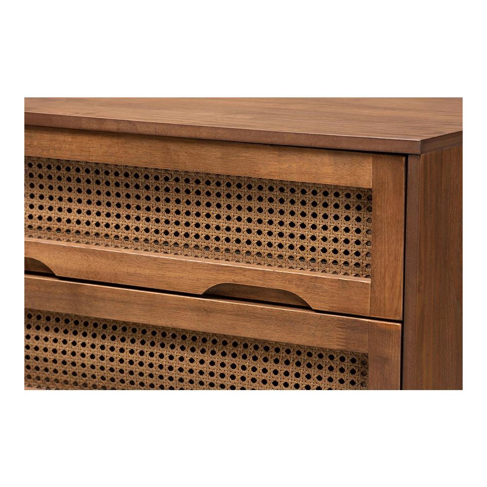 Modern Walnut Brown Finished Wood and Woven Rattan King Size 4-Piece Bedroom Set. Picture 7