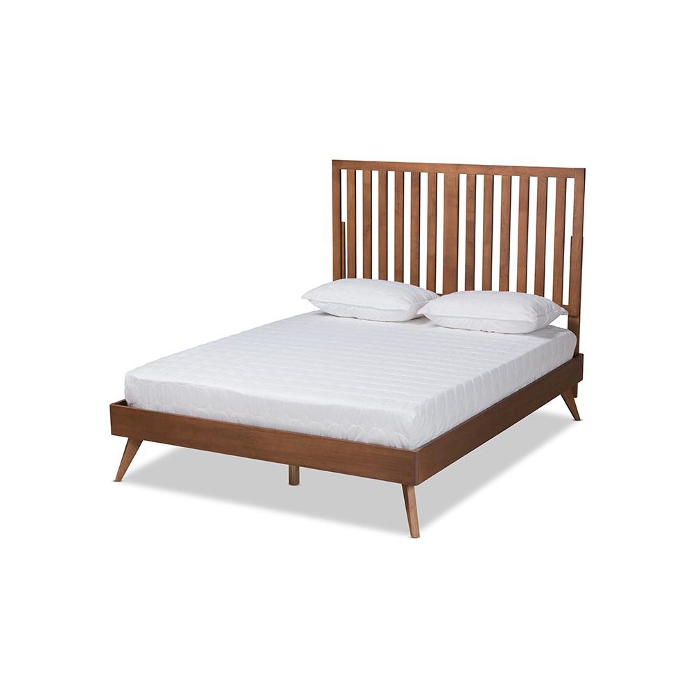 Saki Mid-Century Modern Walnut Brown Finished Wood King Size Platform Bed. Picture 1