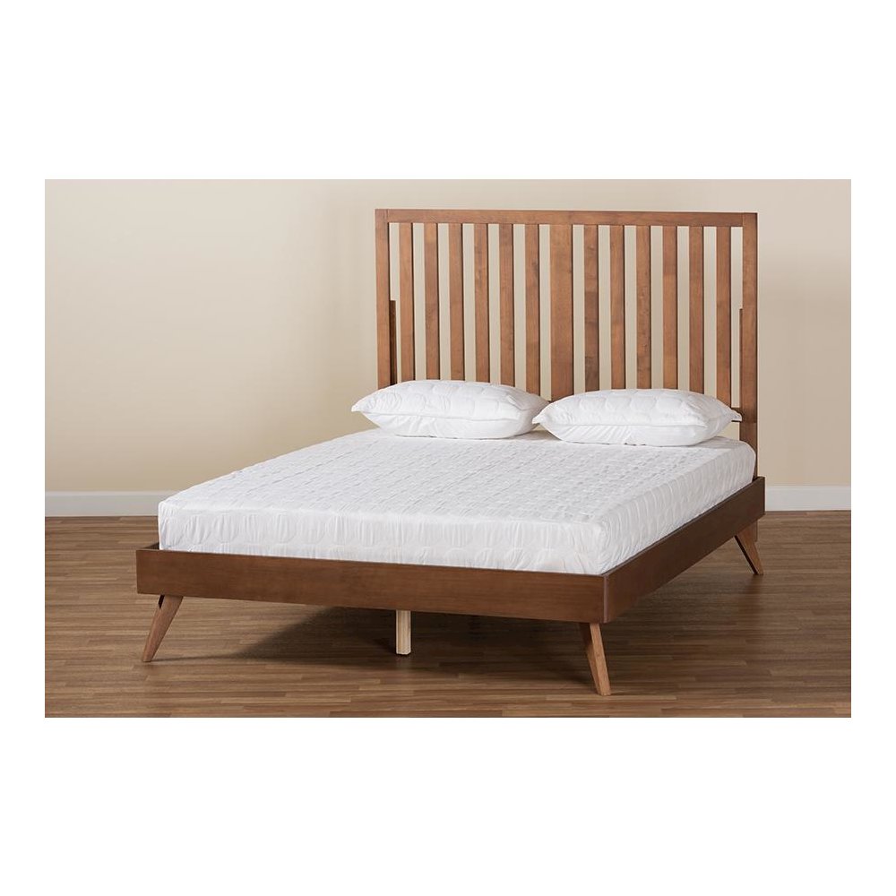 Saki Mid-Century Modern Walnut Brown Finished Wood King Size Platform Bed. Picture 7
