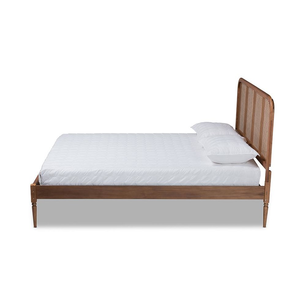 Walnut Brown Finished Wood and Synthetic Rattan King Size Platform Bed. Picture 2