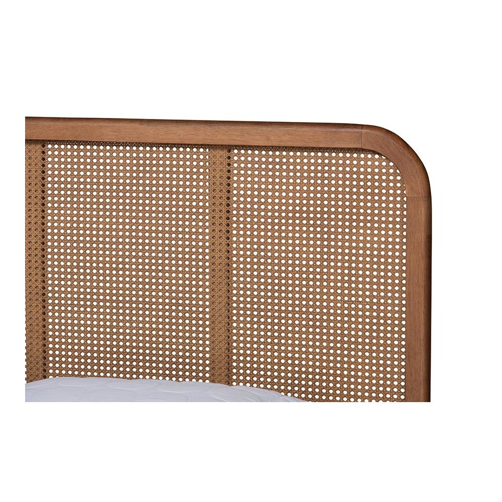 Walnut Brown Finished Wood and Synthetic Rattan King Size Platform Bed. Picture 4
