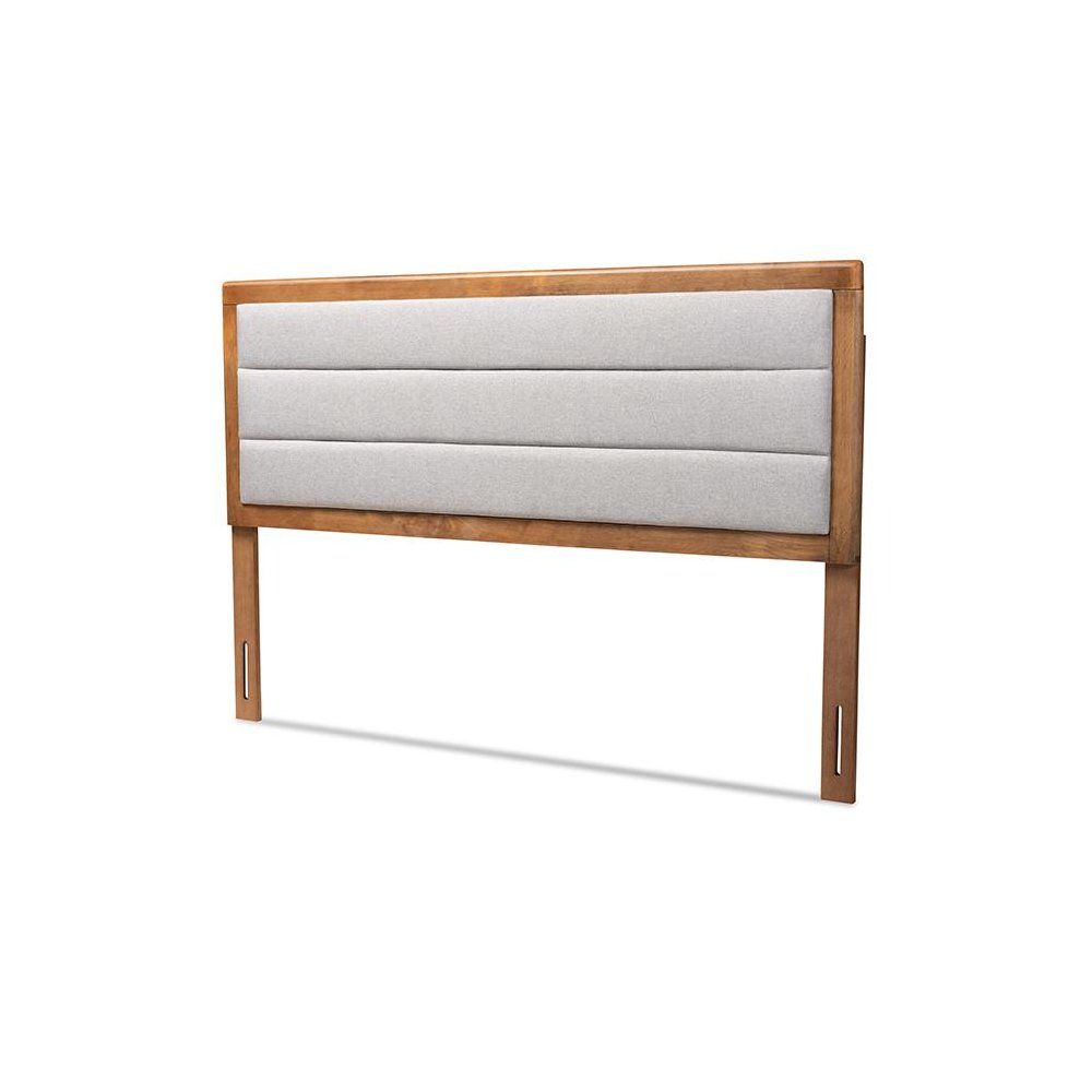 Light Grey Fabric Upholstered and Walnut Brown Finished Wood King Size Headboard. Picture 1