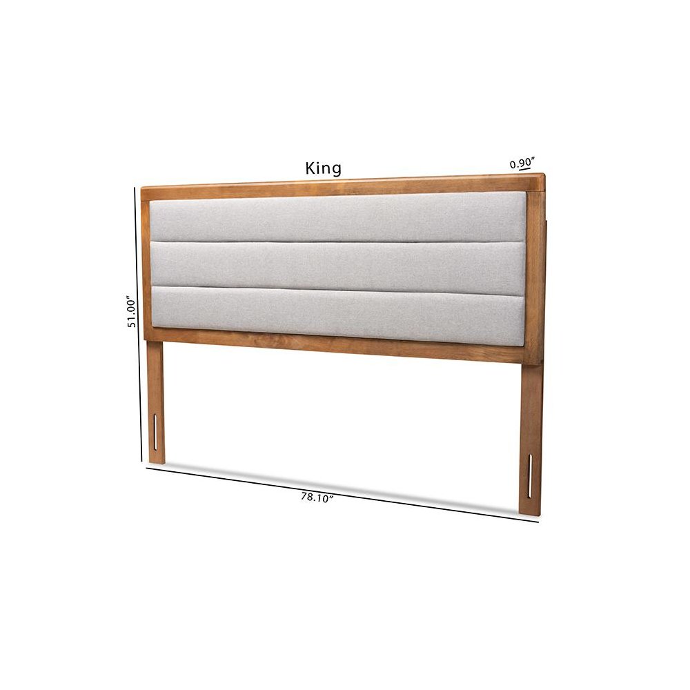 Light Grey Fabric Upholstered and Walnut Brown Finished Wood King Size Headboard. Picture 8