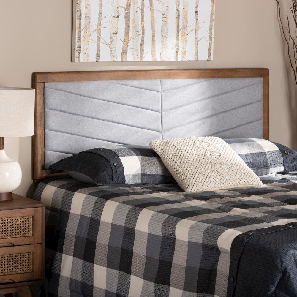 Light Grey Fabric Upholstered and Walnut Brown Finished Wood King Size Headboard. Picture 13