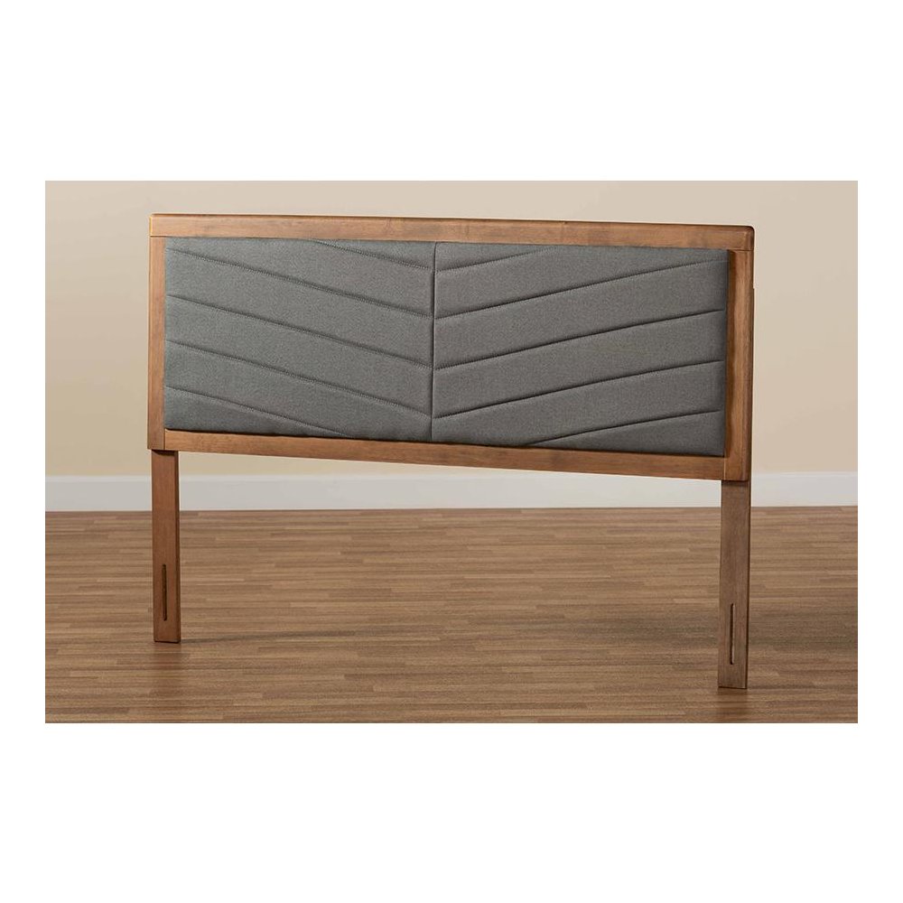 Dark Grey Fabric Upholstered and Walnut Brown Finished Wood Queen Size Headboard. Picture 5